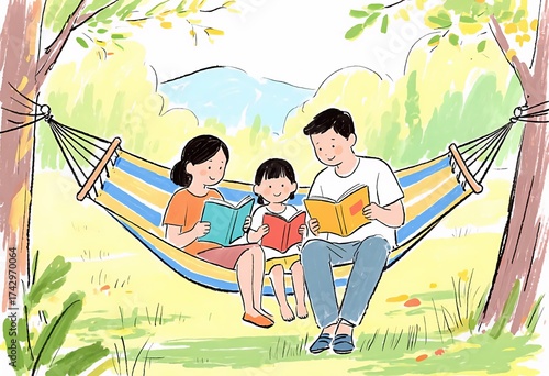Happy Family Reading Books Together in a Hammock Outdoors Illustration, Enjoying Leisure Time