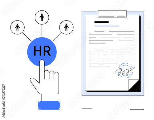 Hand touching HR icon connected to team symbols, beside signed contract paper. Ideal for staff recruitment, hiring, HR analytics, employment, documentation, collaboration corporate policies. Simple