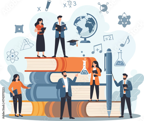 Students and teachers on a large stack of books a metaphor for knowledge learning and university education.