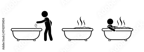 Stickman taking a bath icon, relaxation and self care concept, person preparing and soaking in hot bathtub silhouette.