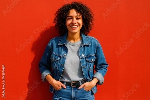 Happy woman enjoying music on headphones raising her phone with a big smile against a vivid red wall capturing connection entertainment and joyful expression