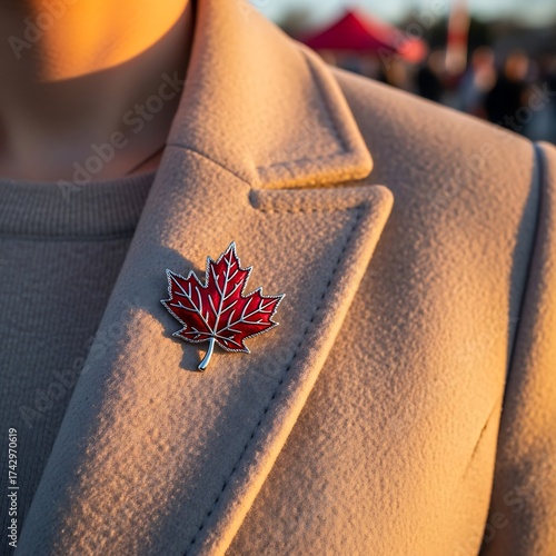 Closeup of a Red Maple Leaf Brooch on a Beige Coat.