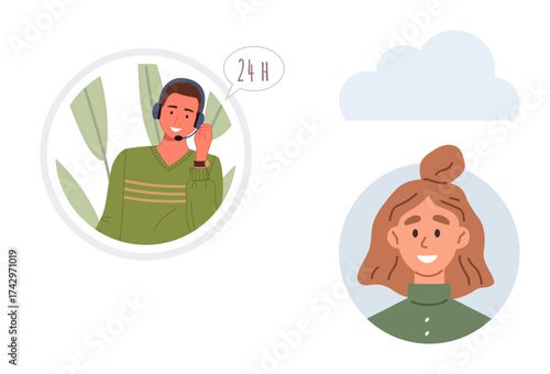 Man with headset assisting via call with 24h service speech bubble and smiling woman avatar. Ideal for customer service, communication, teamwork, consultation, support, accessibility, simple flat
