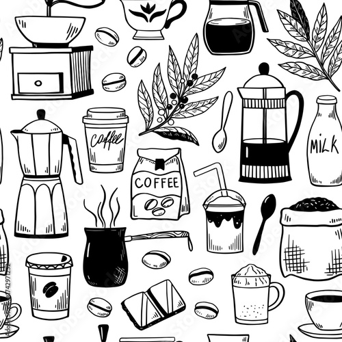 Seamless pattern with coffee pots, coffee cups, grinder and percolator. Black and white vector illustration for menu, packaging.