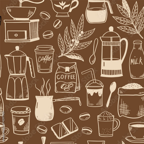 Seamless pattern with coffee pots, coffee cups, grinder and percolator. Black and white vector illustration for menu, packaging.