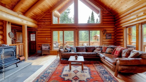 Cozy Log Cabin Interior with Rustic Charm and Warm Ambiance, Fireplace and Furnishings of a