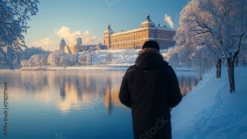 Winter Wonderland: A Serene Lakeside View of an Ancient City During Snowy Season