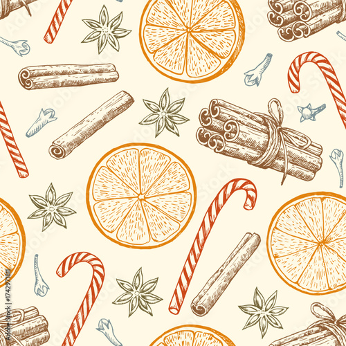 Christmas seamless pattern with orange slices and spices: cinnamon, cloves and star anise. Cozy winter print for holiday design and decor. Vector illustration.