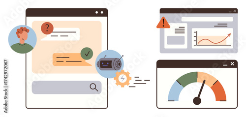 Digital chatbot assisting user queries with an AI engine, accompanied by dashboard visuals, notifications, and performance meter. Ideal for AI communication, technology, user interaction, analytics