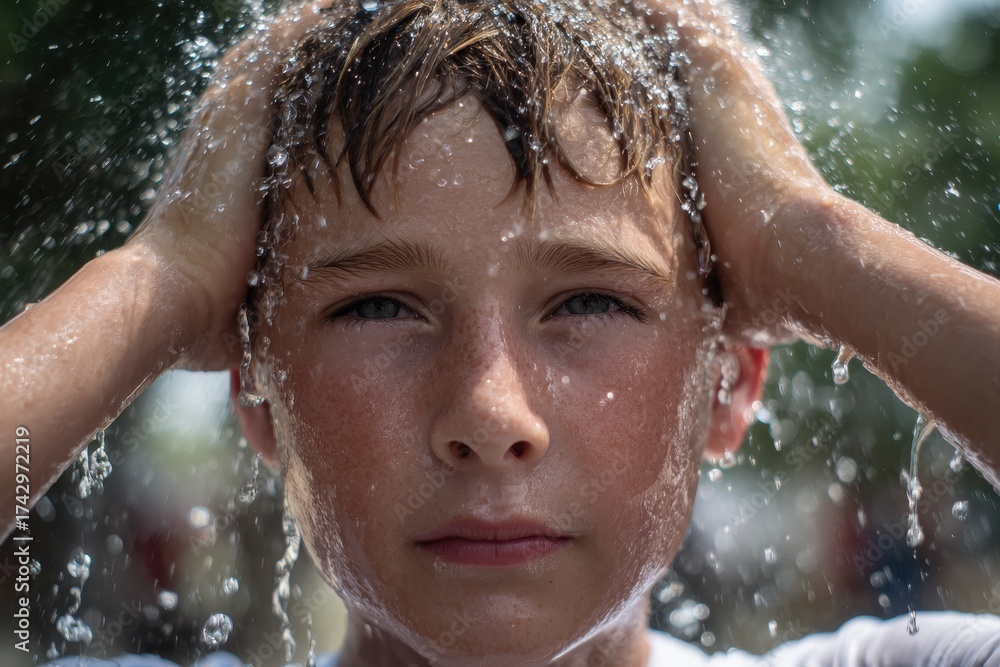 Obraz premium Boy refreshes himself by pouring water on his head