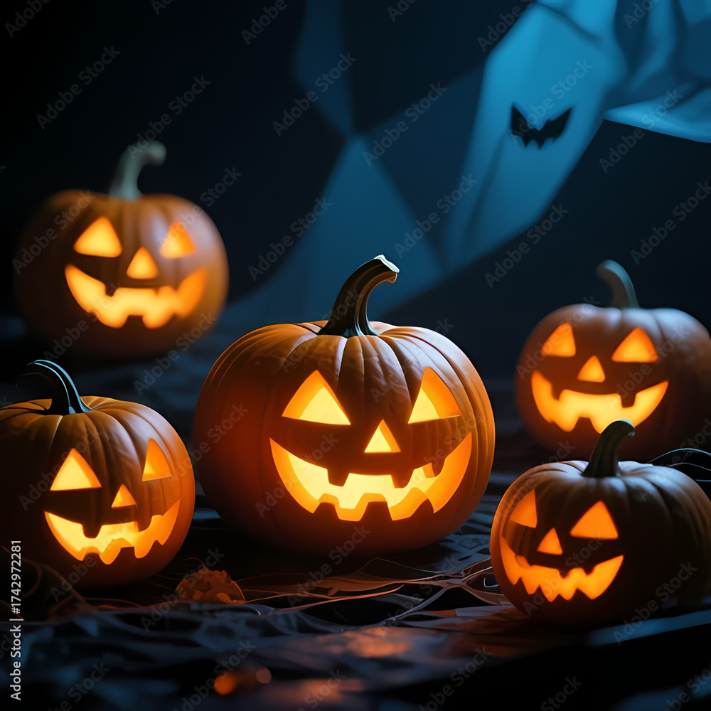 Fototapeta premium Abstract background with glowing pumpkins and dark shadows.