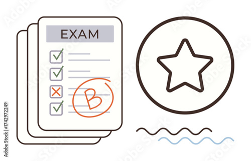 Exam results featuring a graded B with marked responses, next to a star in a circle highlighting excellence. Ideal for education, performance, success, evaluation, achievement, improvement, feedback