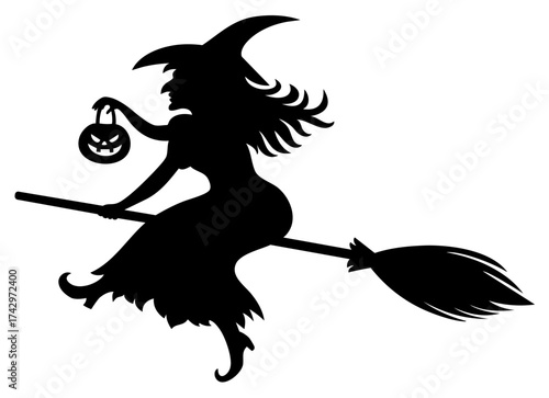Halloween witch carrying glowing pumpkin lantern while flying on broomstick, festive and mysterious halloween night