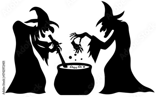 Two witches brewing potion in cauldron under moonlight, spooky ritual of dark magic with bubbling brew and mysterious shadows dancing around.