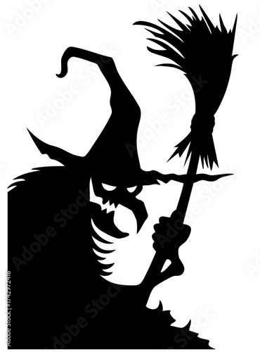 Sinister witch with a crooked hat and broom, eerie silhouette of an evil sorceress emerging from darkness, shadow of an ancient crone ready for Halloween night.