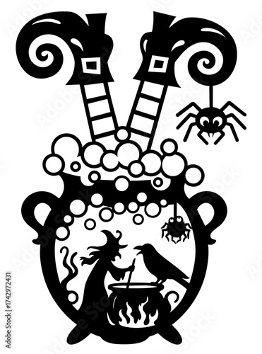 Witch cauldron with bubbling potion, spider and upside down legs, halloween spooky silhouette