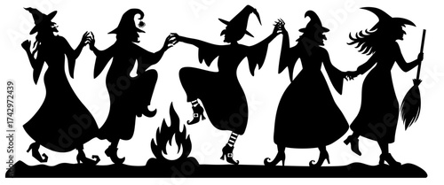 Circle of witches dancing around bonfire, mysterious midnight ritual of ancient sorcery, silhouettes of witches celebrating under the full moon.