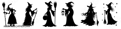 Witches Standing with Brooms, Lanterns and Magic Stars — Classic Halloween Silhouettes of Sorceresses