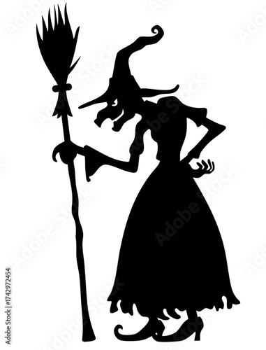 Old witch with crooked nose and pointed hat leaning on broom, classic halloween crone from dark fairy tale