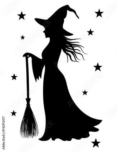 Young witch surrounded by stars holding broom, graceful enchantress from magical halloween night sky