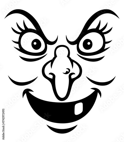 Witch face with mischievous smile, evil eyes and hooked nose, spooky halloween mask