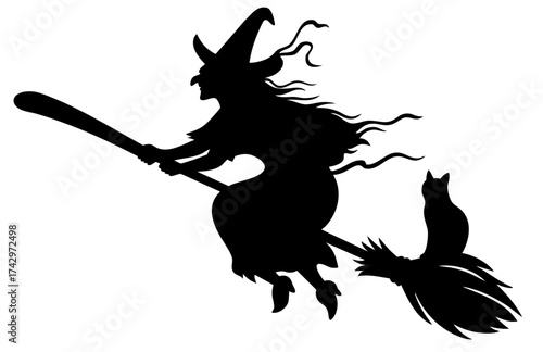 Classic halloween witch flying with black cat companion on broomstick, long dress and crooked hat waving in the air