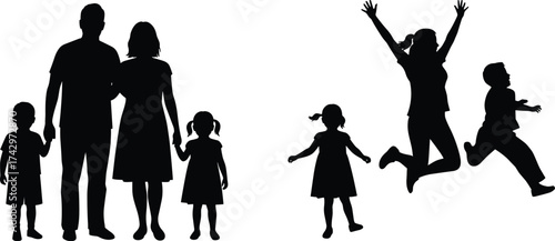 Family silhouettes illustration, parents with children, happy lifestyle concept, love and unity theme, playful bonding design, generational connection moment, flat vector