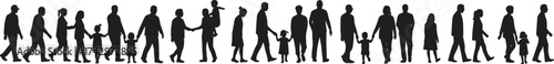 Flat vector silhouette of diverse people walking, standing, interacting, family and children, human movement, social connection, black illustration