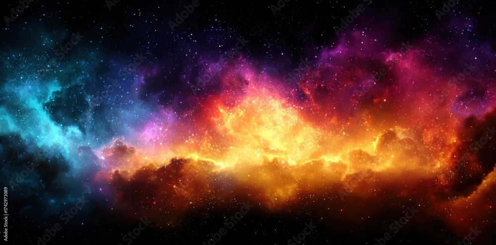 Fototapeta premium Vibrant Cosmic Nebula with Blue, Purple, Red, and Orange Hues, Glowing Stars in Deep Space Universe. Abstract Astronomy Background for Sci-Fi, Space Exploration, Celestial Art, and Futuristic Design