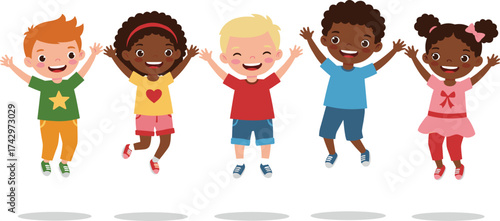 Happy diverse children raising hands, cartoon kids group illustration, multicultural joyful boys and girls smiling together, inclusive design, flat vector