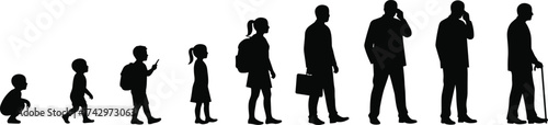 Human life stages silhouette from baby to elderly, aging progression concept, people development timeline, generational growth illustration, flat vector