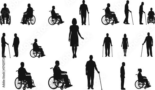 Silhouettes of diverse people with disabilities, wheelchair and cane users, accessibility inclusion concept, healthcare support design, social equality awareness, flat vector