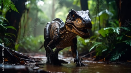 Fierce Raptor Dinosaur Roaming Through Lush Jungle Environment.