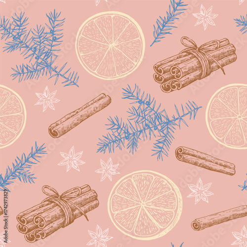 Christmas seamless pattern with orange slices and spices: cinnamon, cloves and star anise. Cozy winter print for holiday design and decor. Vector illustration.