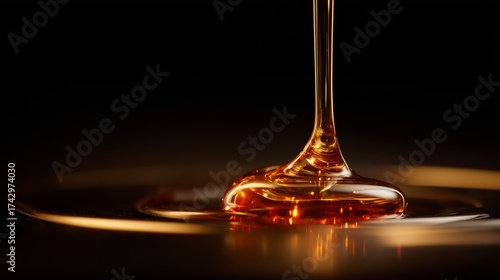 A single, perfect, viscous drop of golden honey or oil, suspended from an unseen dropper, just about to touch a pristine, velvety surface.