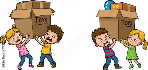 Cartoon children carrying toy boxes, teamwork illustration, kids helping each other, childhood cooperation, organization, effort, playtime, friendship, activity, art