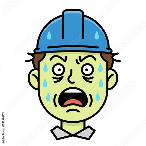Illustration of a worker's expression with a panicked expression, sweaty face. Isolated on a white background.