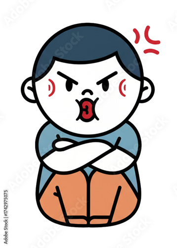 Illustration of a sulking boy's facial expression with pouting lips and angry eyes. isolated on a white background.