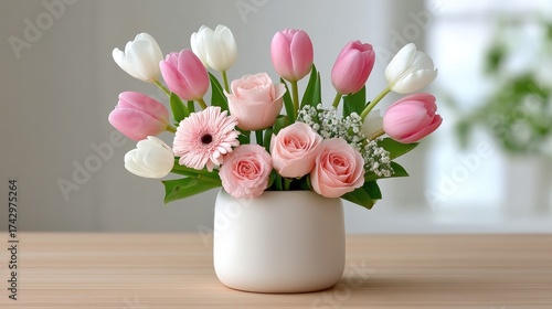 Wallpaper Mural Floral Arrangement with Pink Roses and White Tulips in a White Vase on Wooden Table with Soft Background Torontodigital.ca