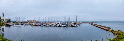 Washburn Marina and pier in Washburn, Wisconsin on a September day