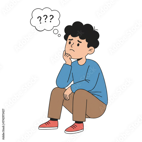 illustration of a boy's facial expression in deep thought with his hand on his chin.isolated on a white background.