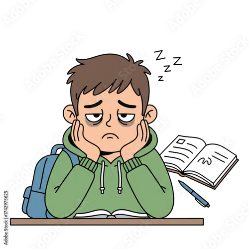 Illustration of a bored student's face, resting his head on his hands. Isolated on a white background.