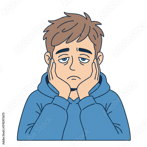 Illustration of a bored young man's face, resting his head on his hands. Isolated on a white background.