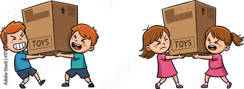 Cartoon children struggling with toy boxes, boys and girls conflict, teamwork challenge, childhood emotions, sharing lesson, competition, playful illustration, art