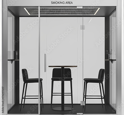 Modern smoking area with sleek design, black chairs, and minimalist table, set in a contemporary environment
