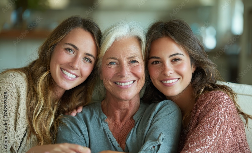 Obraz premium Smiling woman with her mother and daughter at home