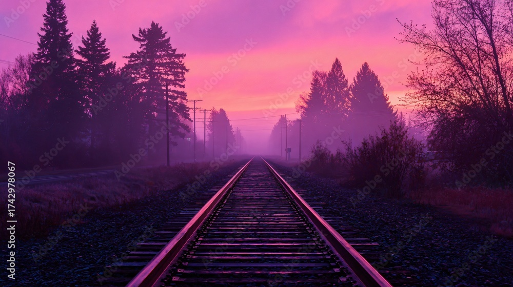 Fototapeta premium Railroad tracks stretch into a misty forest under a pink and purple sky.