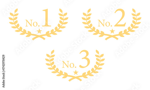 金色の月桂冠のシンプルなNo.1～No.3のランキングセット・1位2位3位
