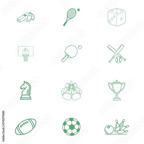 Dynamic line art of sports equipment and games for fitness or active lifestyle