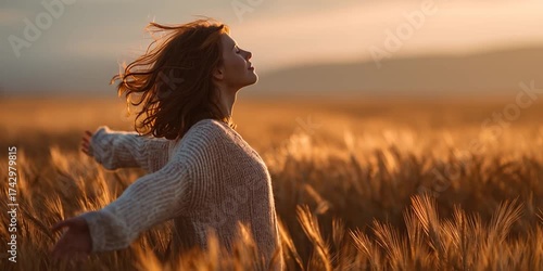 A peaceful cinematic moment of a woman in a golden field at sunset. Soft breeze, glowing light, and gentle movement capture a deep connection to nature.